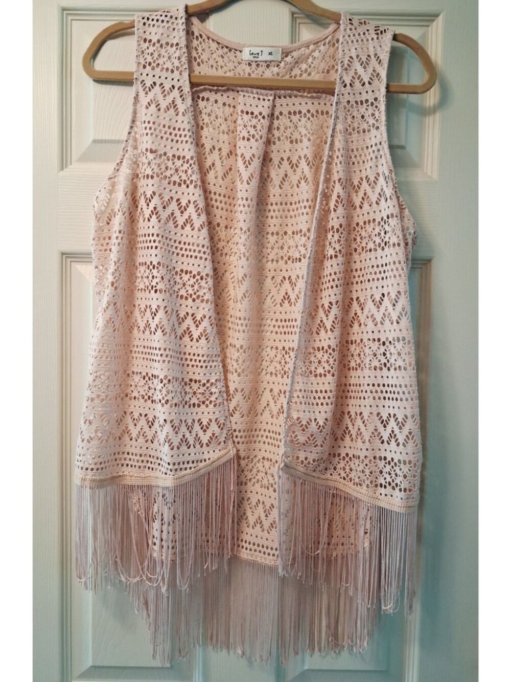 Love J Women's XL Beige Crochet Fringe Open Front Duster Vest 31 Long